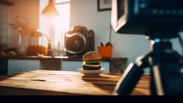 Juicy tasty hamburger on the table. Fast food image of a burger with grilled meat. Generated AI