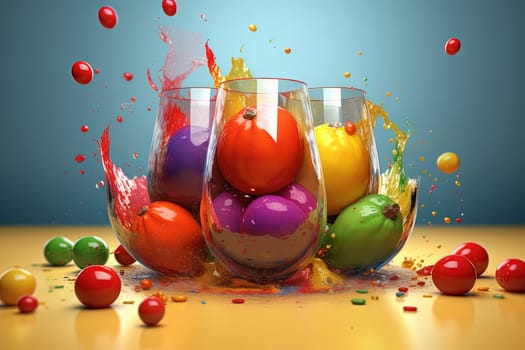 Glass of juice with fruits and berries on the table. Drink splash of sweet organic cocktail. Generated AI