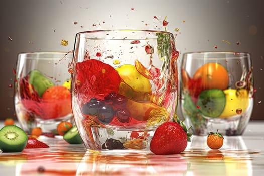 Glass of juice with fruits and berries on the table. Drink splash of sweet organic cocktail. Generated AI