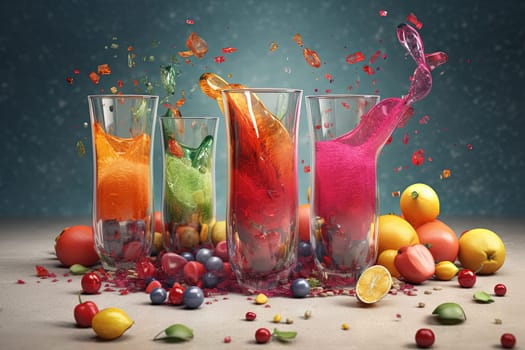 Glass of juice with fruits and berries on the table. Drink splash of sweet organic cocktail. Generated AI