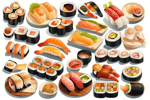 Sushi set. Collection of fast fool in asian style. Classic shushi and rice rolls. Generated AI