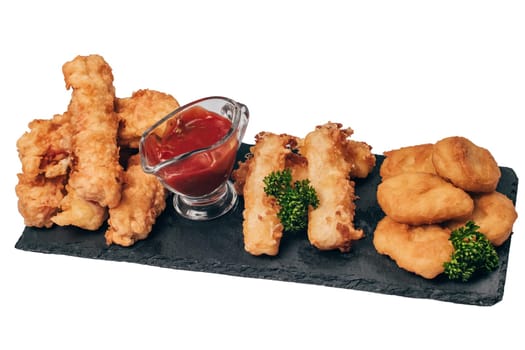 set of snacks, breaded and ketchup to beer