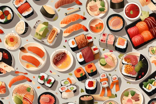 Sushi set. Collection of fast fool in asian style. Classic shushi and rice rolls. Generated AI