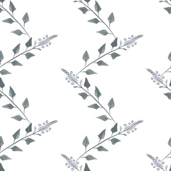 Flowering twigs and leaves of mint or lemon balm in a dusty green color in sketch style. Seamless watercolor pattern for fabric, wallpaper, wrapping paper, packaging cosmetics, tablecloths, curtains and home textiles