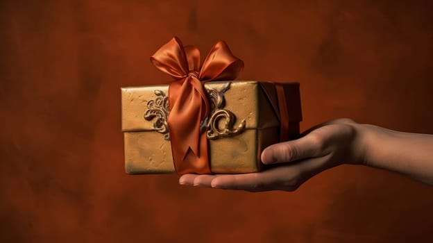 Handcrafted gift box in hands. Offering of the beautiful handmade giftbox. Generated AI