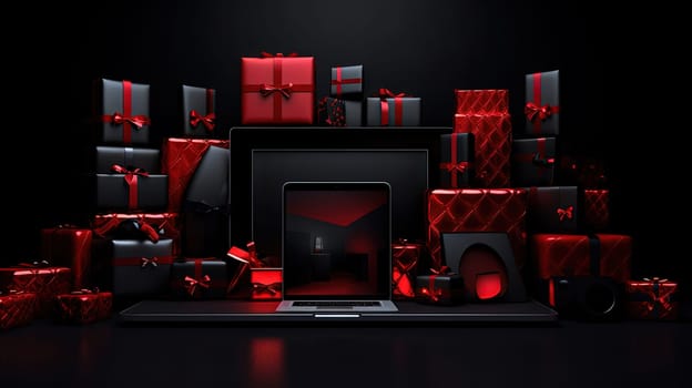 Compostion of gift boxes with ribbons for holiday sale event. Generated AI