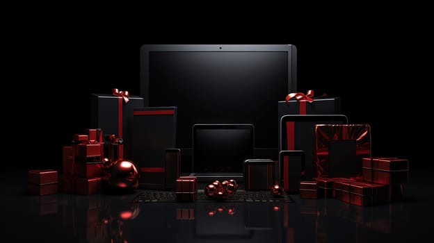 Compostion of gift boxes with ribbons for holiday sale event. Generated AI