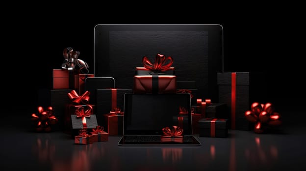 Compostion of gift boxes with ribbons for holiday sale event. Generated AI