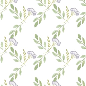 White oregano and soft green branches with leaves. Seamless watercolor pattern for fabric, wallpaper, wrapping paper, packaging cosmetics, tablecloths, curtains and home textiles