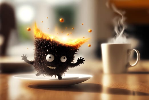 Coffee monster with crazy eyes. Cute character with caffeine energy, very excited. Generated AI