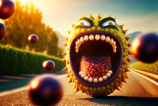 Funny exotic fruit monster. Cute juicy character with expressing freshness and fun. Generated AI