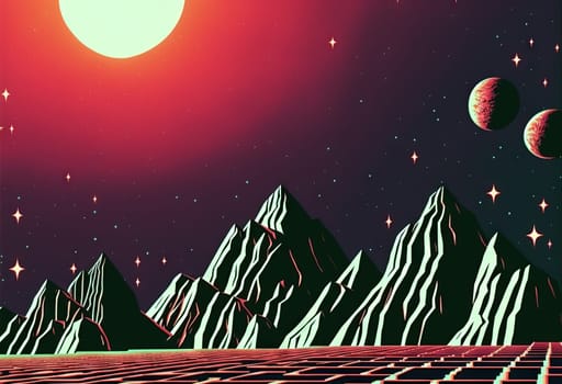 Retro styled sci-fi landscape with mountains. Retro futuristic science fiction illustration in drawing style with alien sun. Generated AI