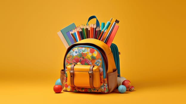 School backpack with colorful learning supplies. Back to school concept. Generated AI