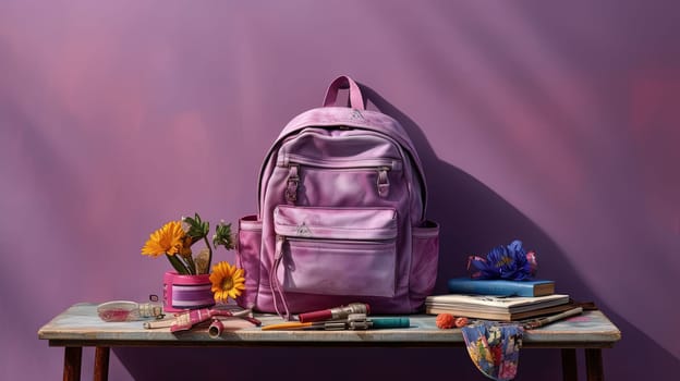 School backpack with colorful learning supplies. Back to school concept. Generated AI