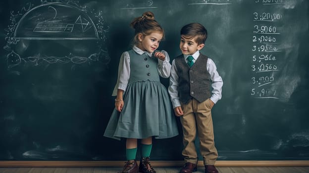 School pupil, boy and girl standing in front of black board. School children couple. Generated AI