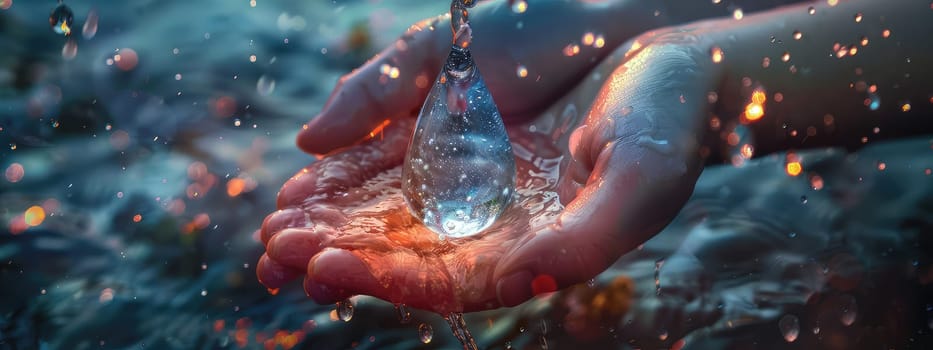 A drop of water in the hands of a man. Selective focus. Nature.