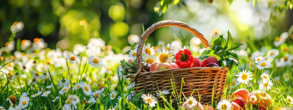 Basket with fruits and berries in the garden. Selective focus. nature.