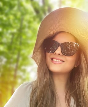 Beauty, summer holiday and fashion, face portrait of happy woman wearing hat and sunglasses, for skincare cosmetics, sunscreen spf lifestyle look idea