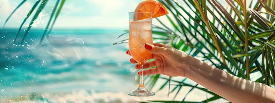 A cocktail in the hands of a girl on the beach. Selective focus. Drink.