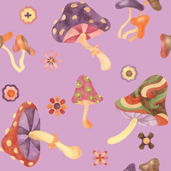 Groovy seamless pattern, retro mushrooms and flowers in watercolor. Vintage hippie fungi textile ornament clipart. Hand drawn fly agaric nostalgic print for clothes, wallpaper, wrapping, scrapbooking