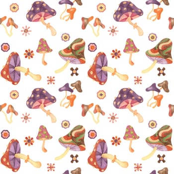 Groovy seamless pattern, retro mushrooms and flowers in watercolor. Vintage hippie fungi textile ornament clipart. Hand drawn fly agaric nostalgic print for clothes, wallpaper, wrapping, scrapbooking