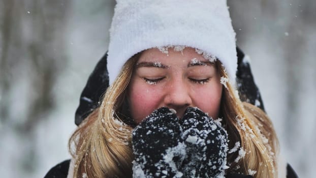 A young girl freezes in the woods in winter