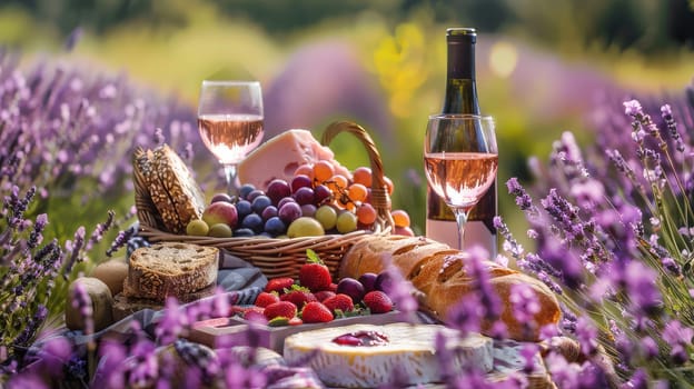 Picnic in a lavender field. Selective focus. nature.