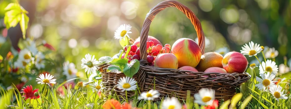 Basket with fruits and berries in the garden. Selective focus. nature.