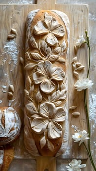 A loaf of bread adorned with intricately carved flowers rests on a rustic wooden cutting board, showcasing a beautiful fusion of natural materials and artistic craftsmanship