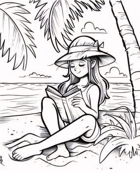 World Book Day: Girl reading a book on the beach. Black and white vector illustration.