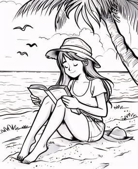 World Book Day: Young woman reading a book on the beach. Black and white vector illustration.