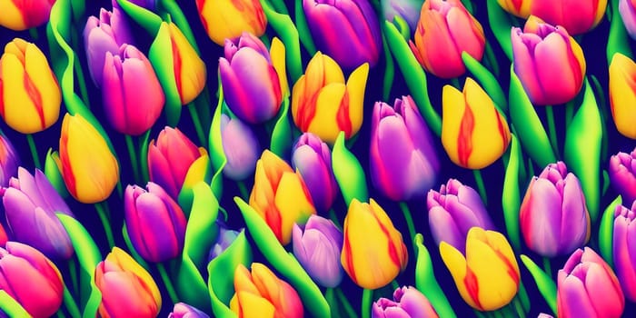 Vibrant spring-themed background featuring a variety of colorful tulips arranged in a visually appealing pattern. Panorama
