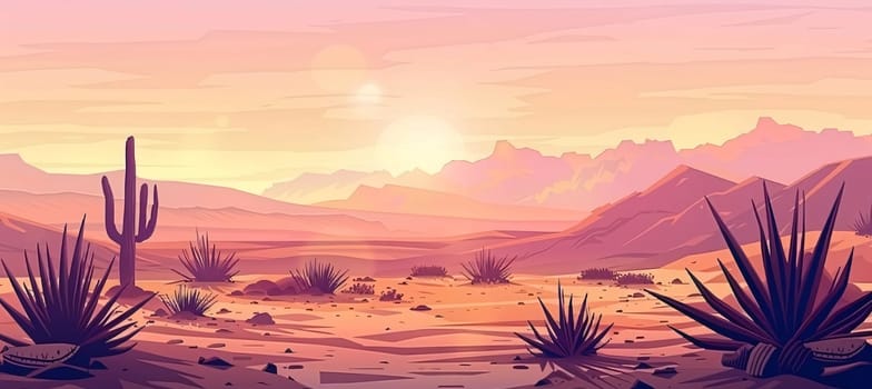 Plant called Cactus: Desert landscape with cacti and mountains at sunset. Vector illustration