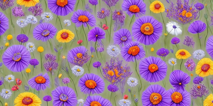 Whimsical and enchanting background using a blend of wildflowers such as dandelions, lavender, and poppies. Panorama