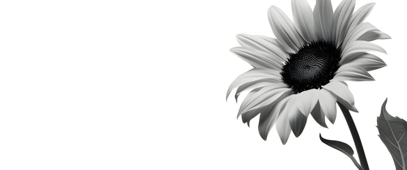 Banner with a grayscale sunflower on a white isolated background, perfect for adding an inscription.