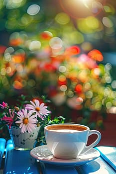 Cup of coffee in the garden. Selective focus. morning.