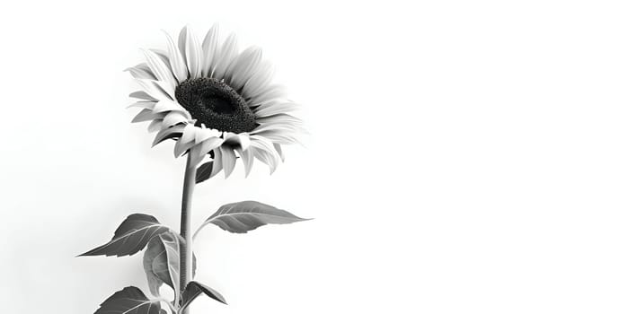 Banner with a grayscale sunflower on a white isolated background, perfect for adding an inscription.