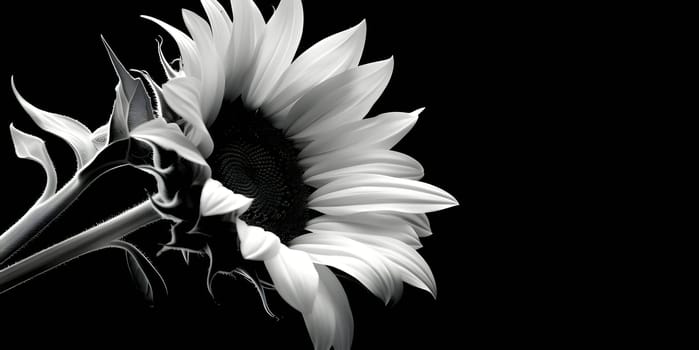 Banner with a grayscale sunflower on a black isolated background, perfect for adding an inscription.