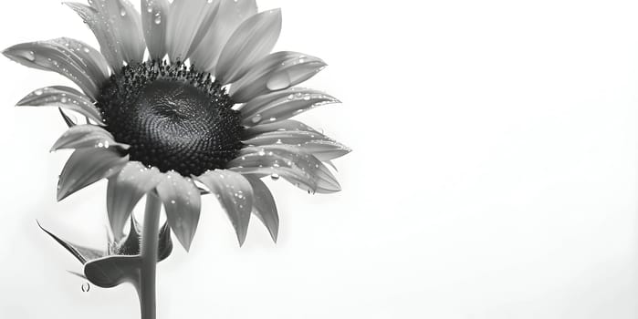 Banner with a grayscale sunflower on a white isolated background, perfect for adding an inscription.