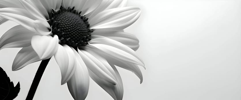 Banner with a grayscale sunflower on a white isolated background, perfect for adding an inscription.