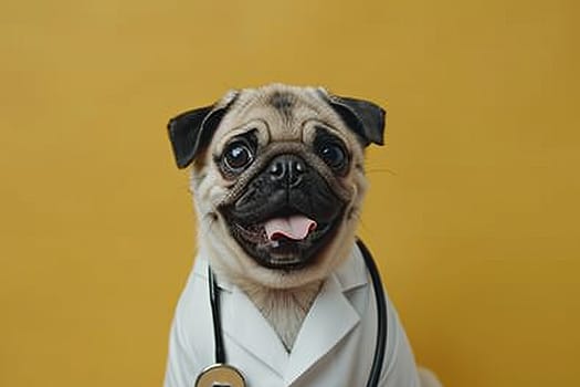 A dog is wearing a white lab coat and a stethoscope. The dog is smiling and he is happy