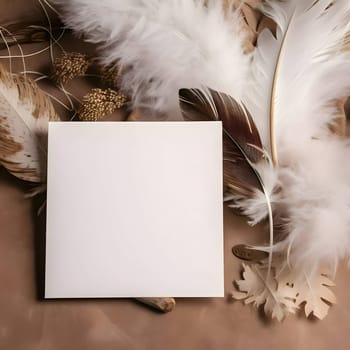A white blank sheet of paper surrounded by fluffy white feathers.