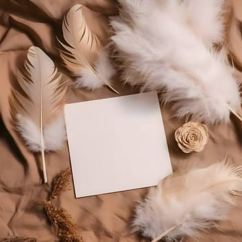 A white blank sheet of paper surrounded by fluffy white feathers.