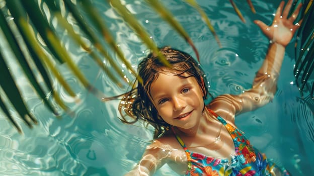 A child girl swims in the pool on vacation. Selective focus. kid.