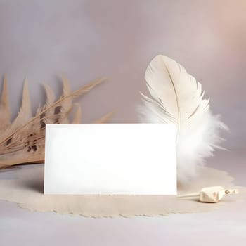 A white blank sheet of paper surrounded by fluffy white feathers.