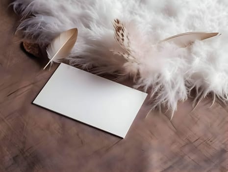 A white blank sheet of paper surrounded by fluffy white feathers.