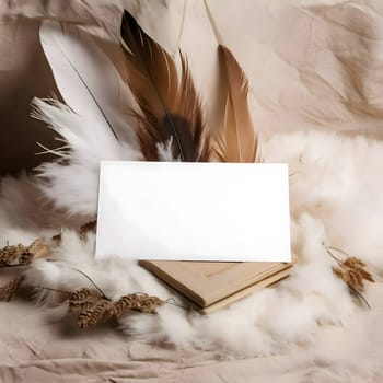 A white blank sheet of paper surrounded by fluffy white feathers.