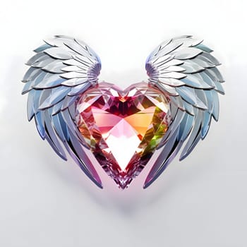 Colorful diamonds, rainbow ruby in the shape of a heart with angel wings, white background. Heart as a symbol of affection and love. The time of falling in love and love.