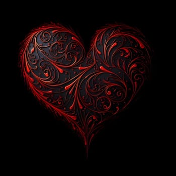 Heart with red decorations abstract on a black background. Heart as a symbol of affection and love. The time of falling in love and love.