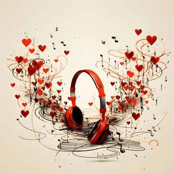 Red headphones, notes and hearts bright background. Heart as a symbol of affection and love. The time of falling in love and love.